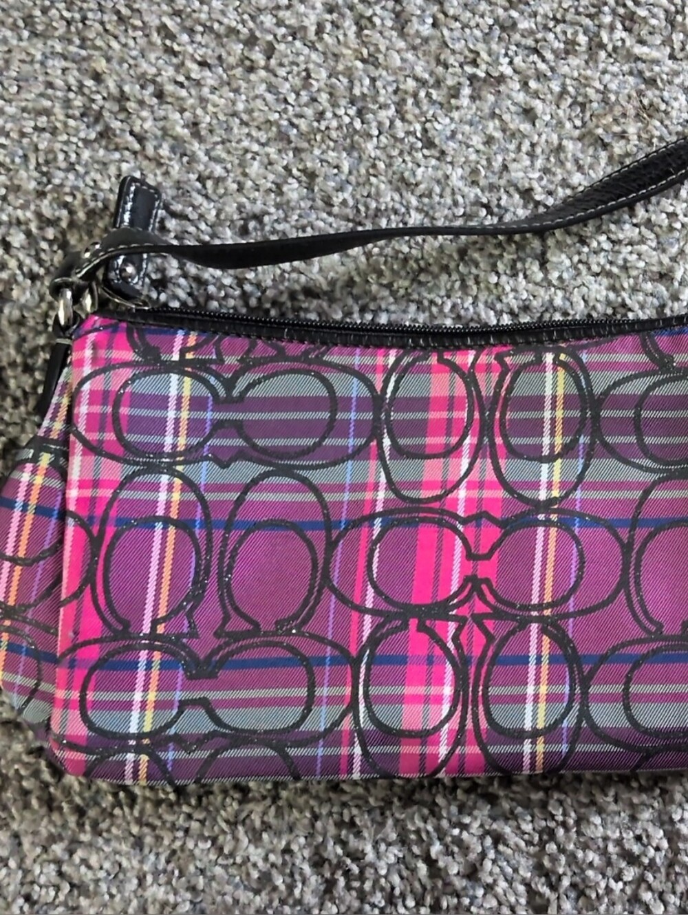 Coach Pink Signature Plaid Poppy Mini Bag Black Leather Convertible Wristlet
